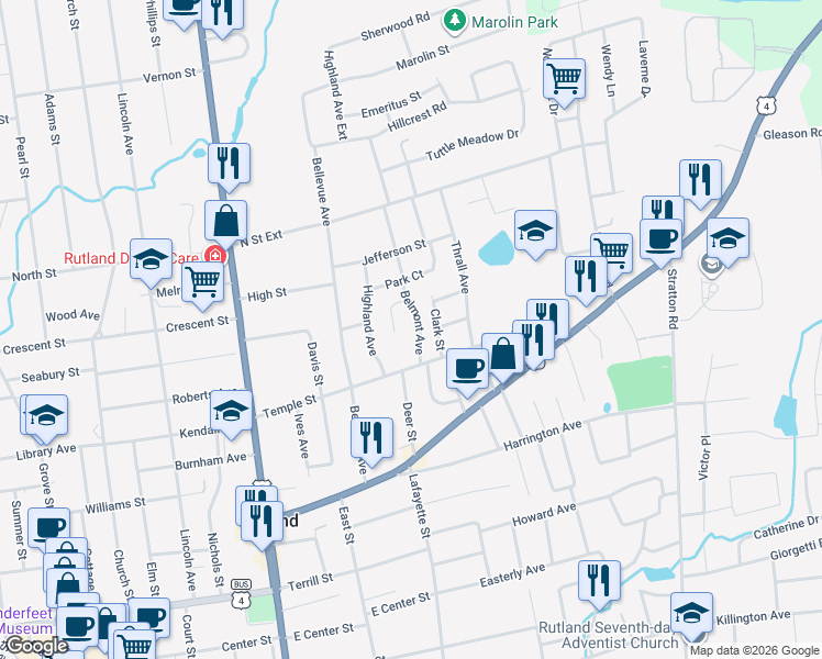 map of restaurants, bars, coffee shops, grocery stores, and more near 59 Temple Street in Rutland