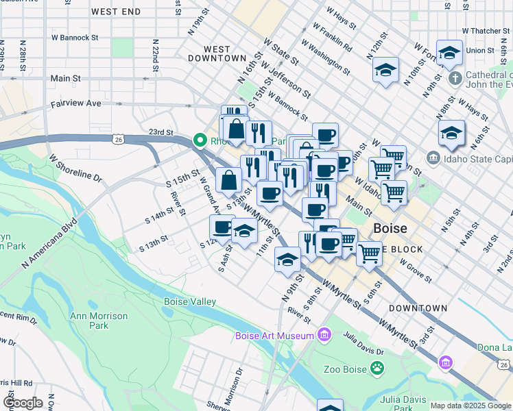 map of restaurants, bars, coffee shops, grocery stores, and more near 1211 West Myrtle Street in Boise