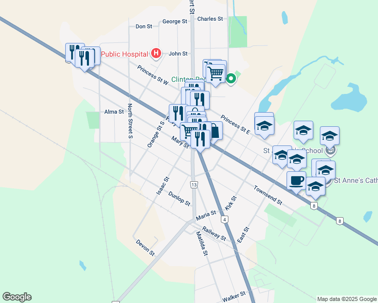 map of restaurants, bars, coffee shops, grocery stores, and more near 56 King Street in Clinton