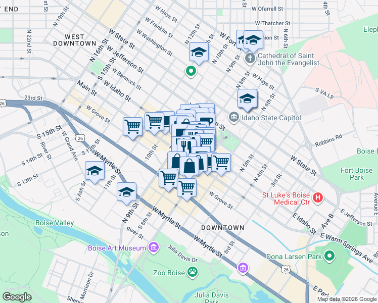 map of restaurants, bars, coffee shops, grocery stores, and more near 800 West Main Street in Boise