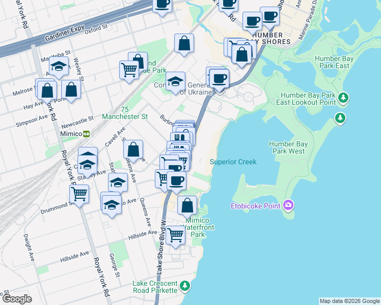 map of restaurants, bars, coffee shops, grocery stores, and more near 2355 Lake Shore Boulevard West in Toronto