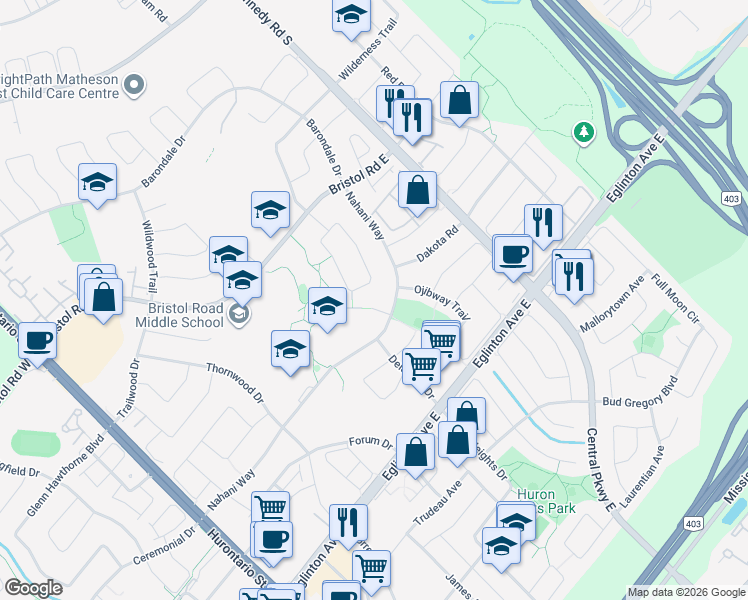 map of restaurants, bars, coffee shops, grocery stores, and more near 5131 Cree Lane in Mississauga