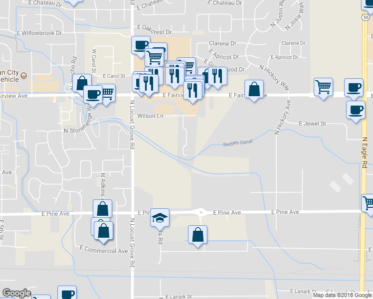 map of restaurants, bars, coffee shops, grocery stores, and more near 1957 Wilson Lane in Meridian