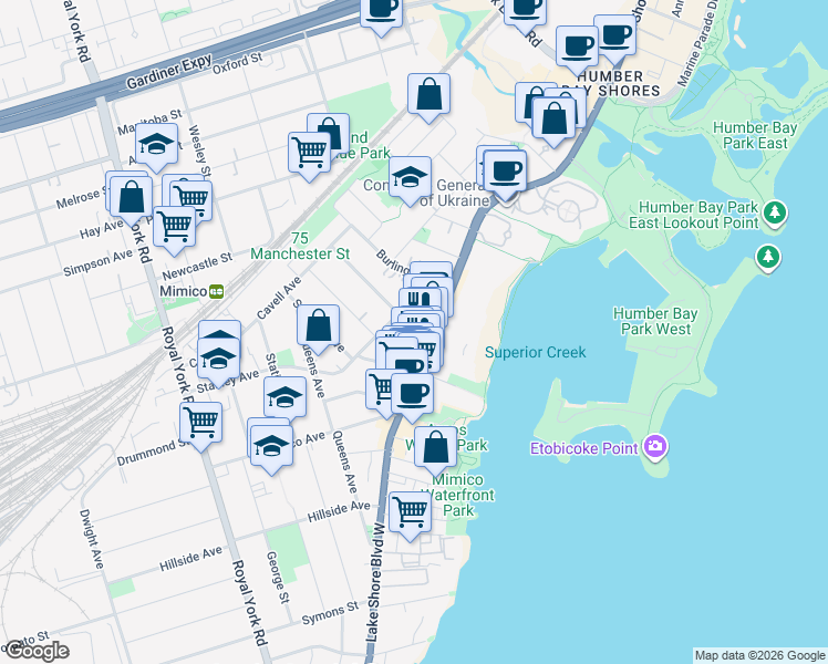 map of restaurants, bars, coffee shops, grocery stores, and more near 16 Albert Avenue in Toronto