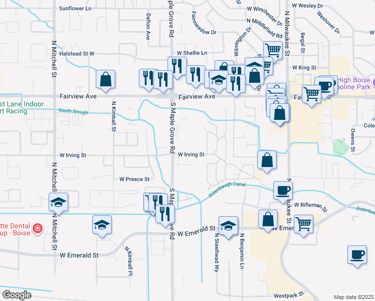 map of restaurants, bars, coffee shops, grocery stores, and more near 8909 West Irving Street in Boise
