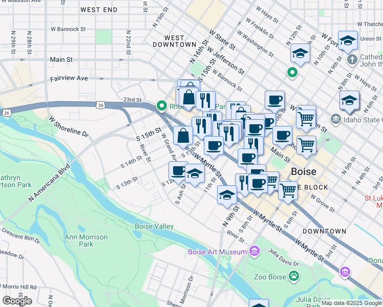 map of restaurants, bars, coffee shops, grocery stores, and more near 1211 West Myrtle Street in Boise