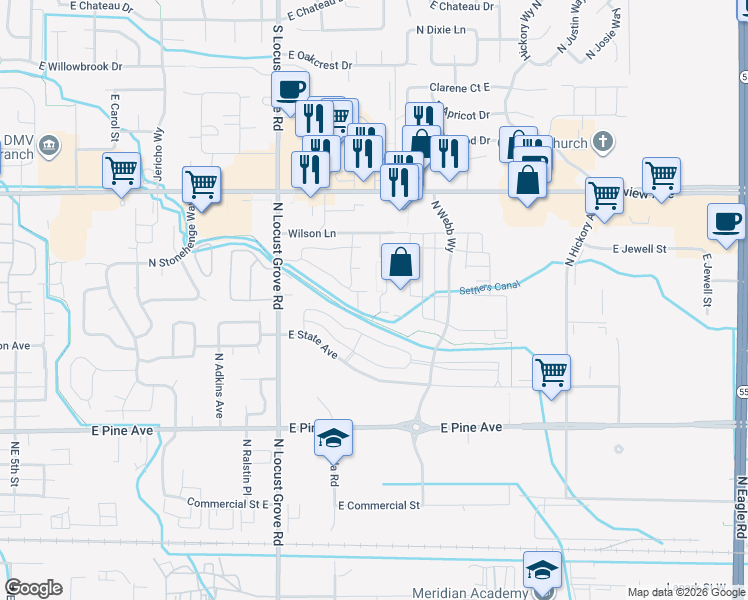 map of restaurants, bars, coffee shops, grocery stores, and more near 1983 East Wilson Lane in Meridian