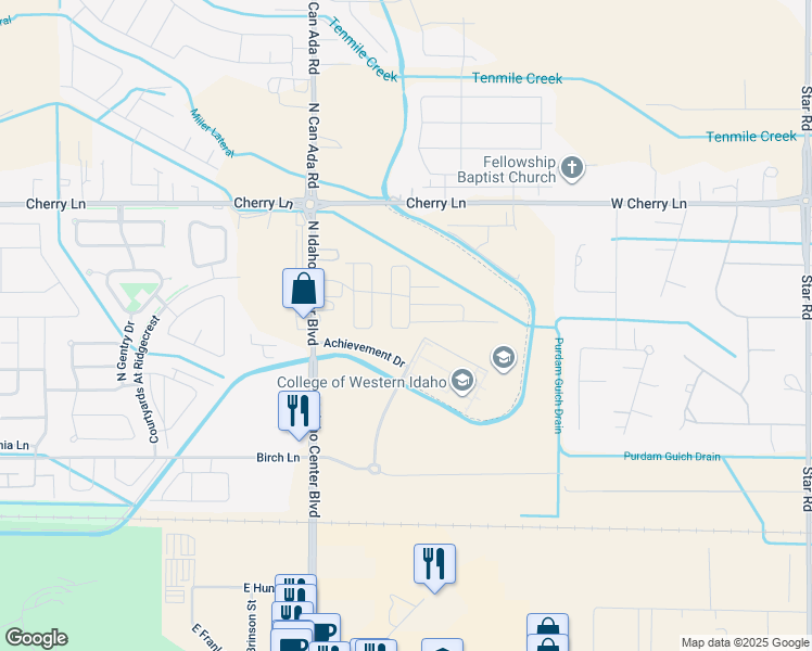 map of restaurants, bars, coffee shops, grocery stores, and more near East University Way in Nampa