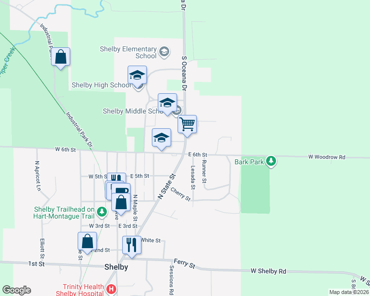 map of restaurants, bars, coffee shops, grocery stores, and more near 375 Lesada Street in Shelby