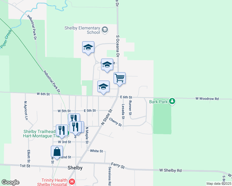 map of restaurants, bars, coffee shops, grocery stores, and more near 375 Lesada Street in Shelby