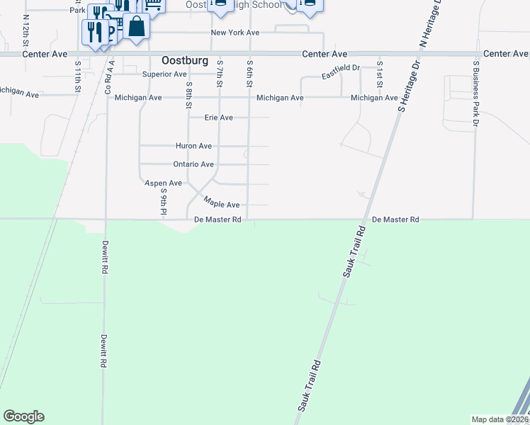 map of restaurants, bars, coffee shops, grocery stores, and more near W1897 De Master Road in Oostburg