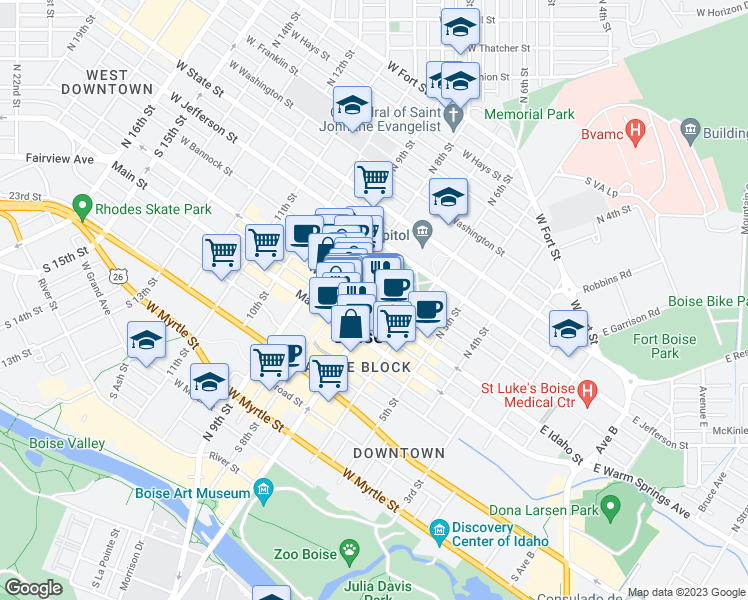 map of restaurants, bars, coffee shops, grocery stores, and more near 702 West Idaho Street in Boise