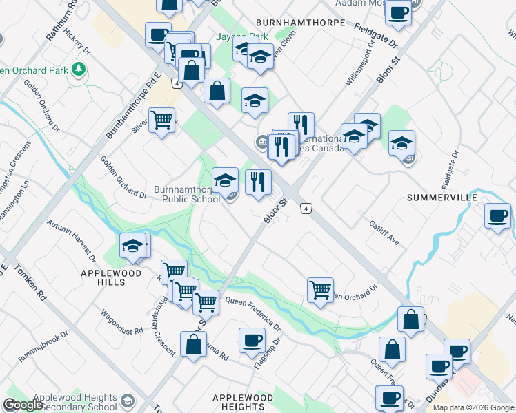 map of restaurants, bars, coffee shops, grocery stores, and more near 1333 Bloor Street in Mississauga