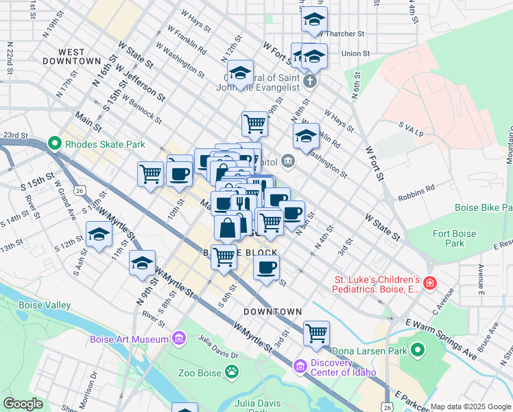 map of restaurants, bars, coffee shops, grocery stores, and more near 702 West Idaho Street in Boise