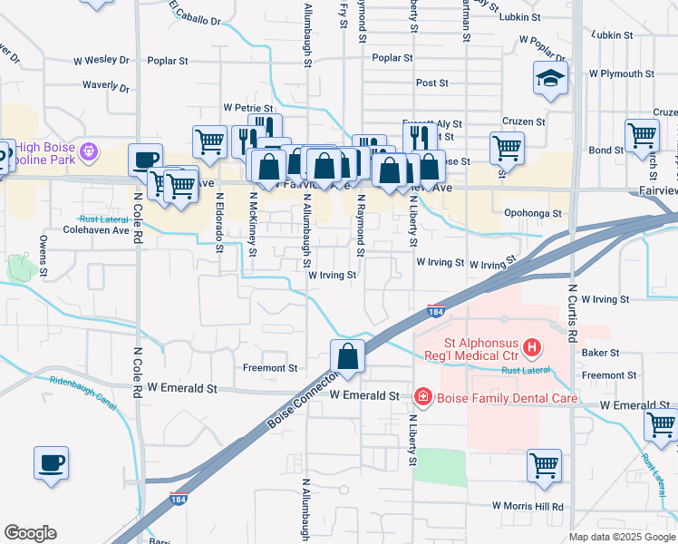 map of restaurants, bars, coffee shops, grocery stores, and more near 6741 West Irving Street in Boise