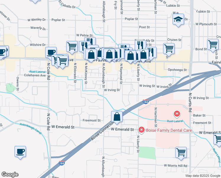 map of restaurants, bars, coffee shops, grocery stores, and more near 6741 West Irving Street in Boise