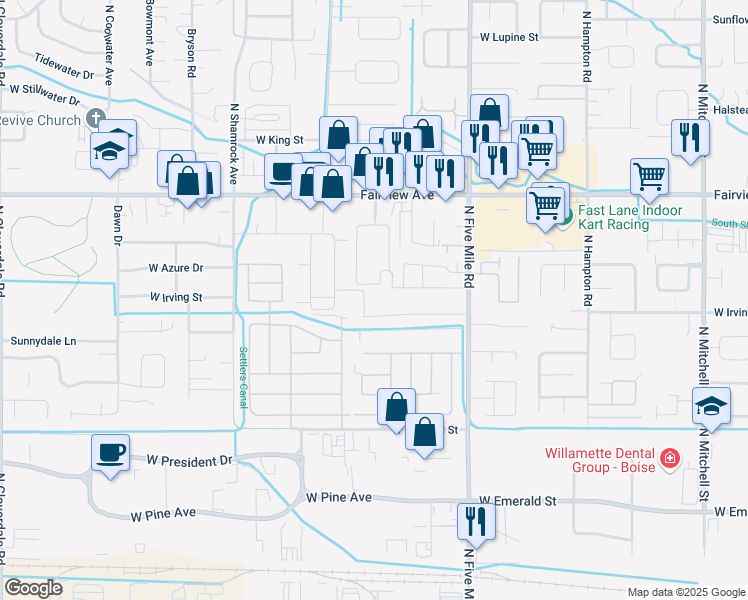 map of restaurants, bars, coffee shops, grocery stores, and more near 10963 West Irving Court in Boise