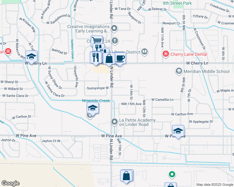 map of restaurants, bars, coffee shops, grocery stores, and more near 1121 Northwest 15th Avenue in Meridian