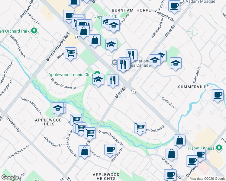 map of restaurants, bars, coffee shops, grocery stores, and more near in Mississauga