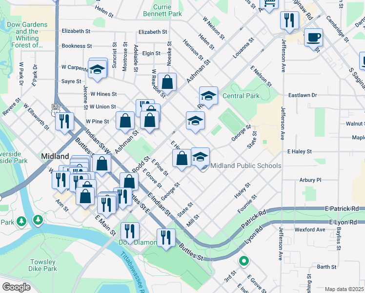 map of restaurants, bars, coffee shops, grocery stores, and more near 1011 George Street in Midland