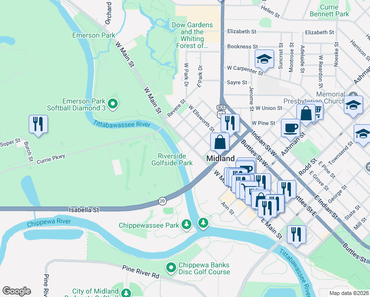 map of restaurants, bars, coffee shops, grocery stores, and more near Pere-Marquette Rail-Trail of Mid-Michigan in Midland Township
