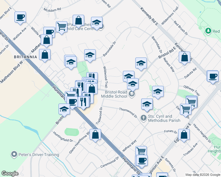 map of restaurants, bars, coffee shops, grocery stores, and more near 153 Bristol Road East in Mississauga