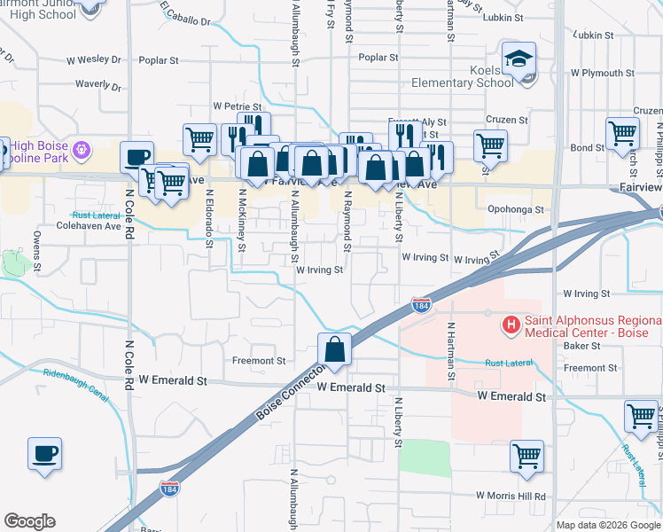 map of restaurants, bars, coffee shops, grocery stores, and more near 6741 West Irving Street in Boise