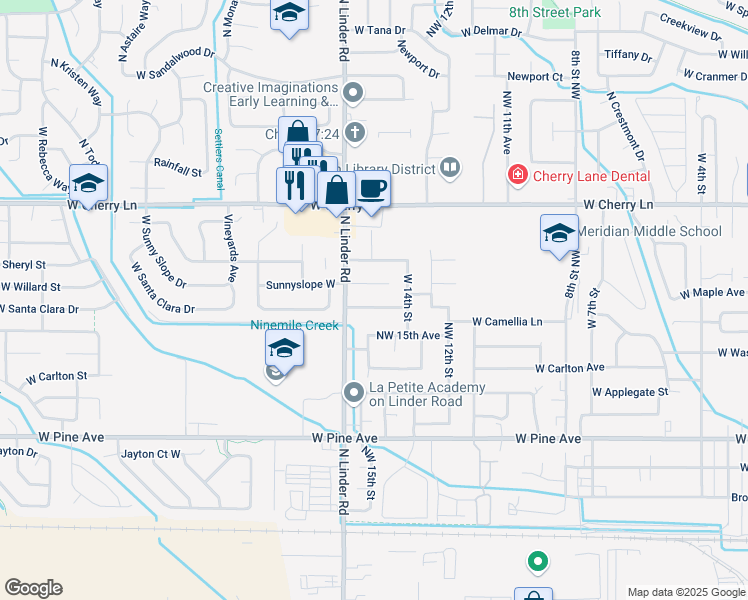 map of restaurants, bars, coffee shops, grocery stores, and more near 1434 West Elm Place in Meridian