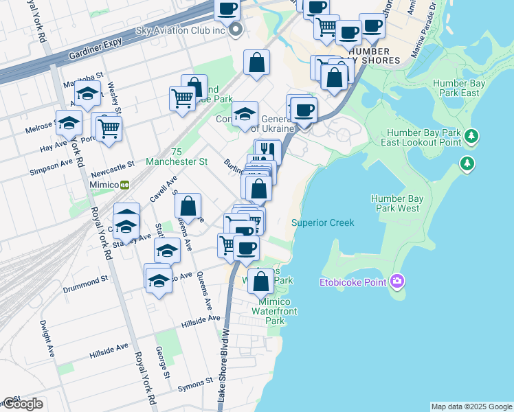 map of restaurants, bars, coffee shops, grocery stores, and more near 2358 Lake Shore Boulevard West in Toronto