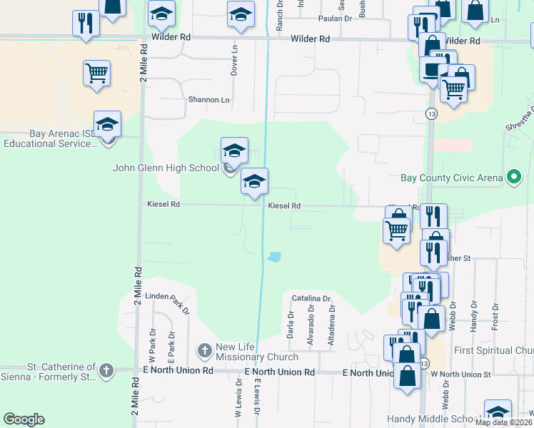 map of restaurants, bars, coffee shops, grocery stores, and more near 3201 Kiesel Road in Bay City