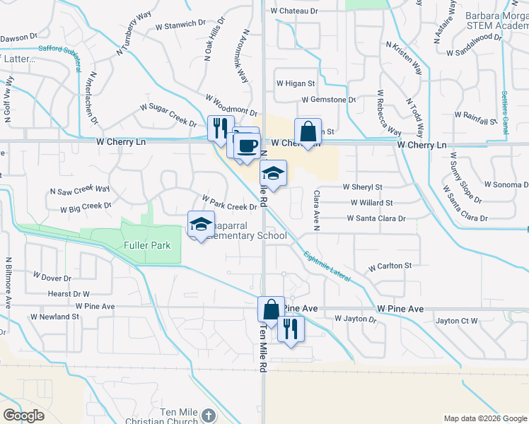 map of restaurants, bars, coffee shops, grocery stores, and more near North Ten Mile Road in Meridian