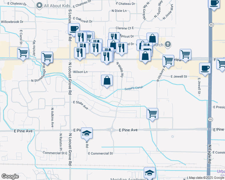 map of restaurants, bars, coffee shops, grocery stores, and more near 2075 East Fairview Avenue in Meridian