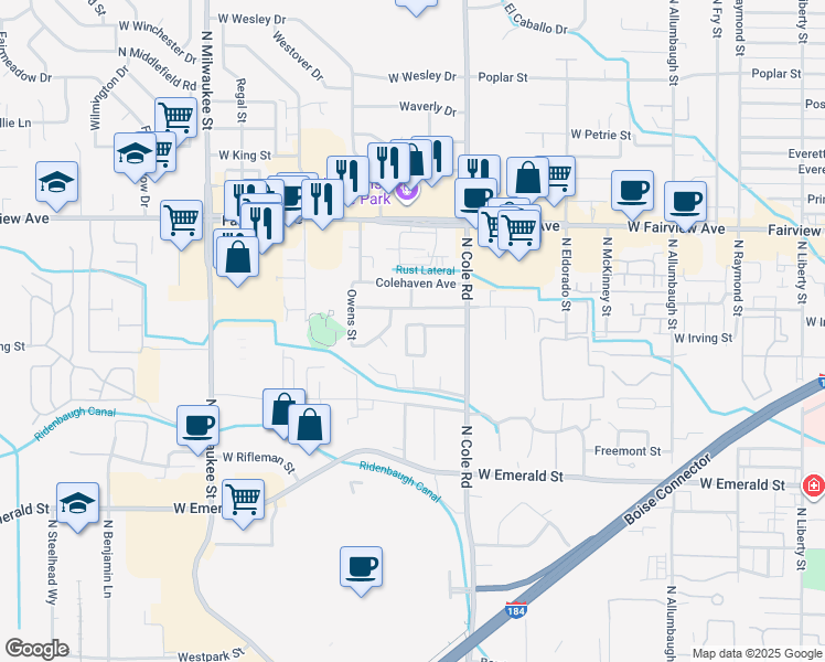 map of restaurants, bars, coffee shops, grocery stores, and more near 7612 West Maxwell Drive in Boise