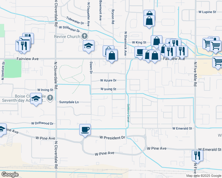 map of restaurants, bars, coffee shops, grocery stores, and more near 6627 West Irving Street in Boise