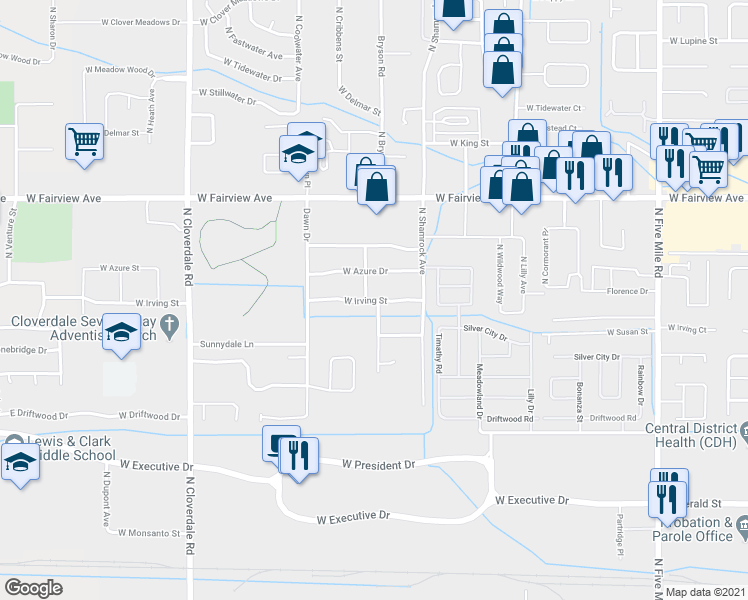 map of restaurants, bars, coffee shops, grocery stores, and more near 6655 West Irving Street in Boise