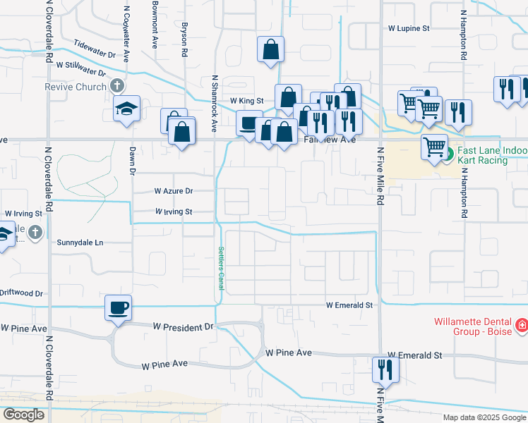 map of restaurants, bars, coffee shops, grocery stores, and more near 1334 North Meadowland Lane in Boise