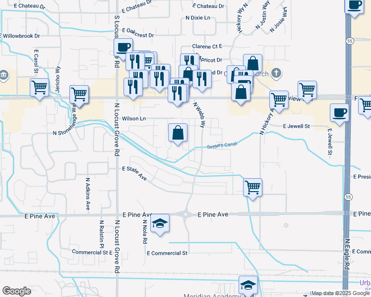 map of restaurants, bars, coffee shops, grocery stores, and more near 2075 East Fairview Avenue in Meridian