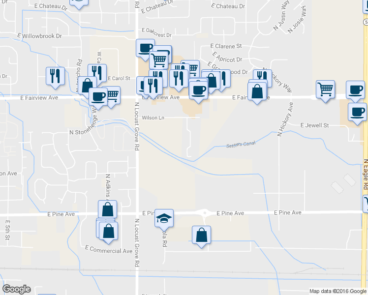 map of restaurants, bars, coffee shops, grocery stores, and more near 1931 East Wilson Lane in Meridian