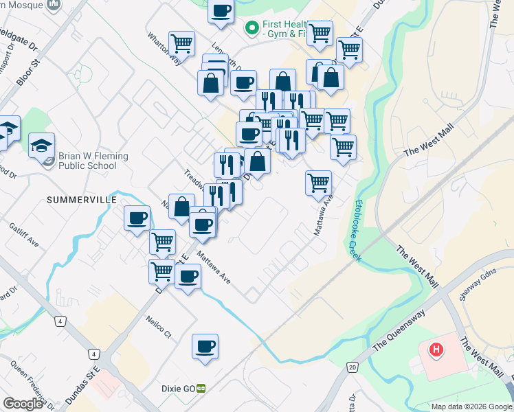 map of restaurants, bars, coffee shops, grocery stores, and more near 1761 Coram Crescent in Mississauga