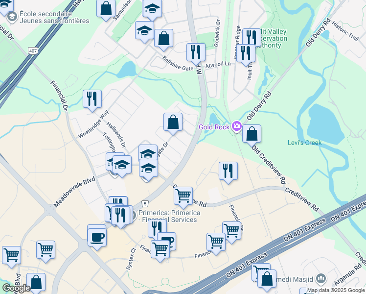 map of restaurants, bars, coffee shops, grocery stores, and more near 7068 Bannockburn Court in Mississauga