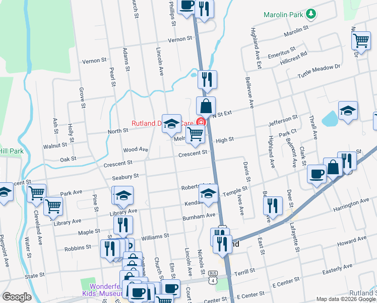 map of restaurants, bars, coffee shops, grocery stores, and more near 12 Melrose Avenue in Rutland
