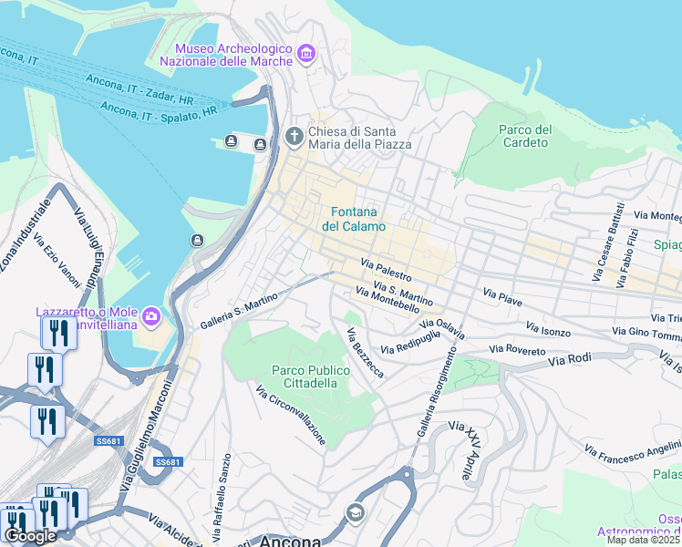 map of restaurants, bars, coffee shops, grocery stores, and more near 9 Via San Martino in Ancona