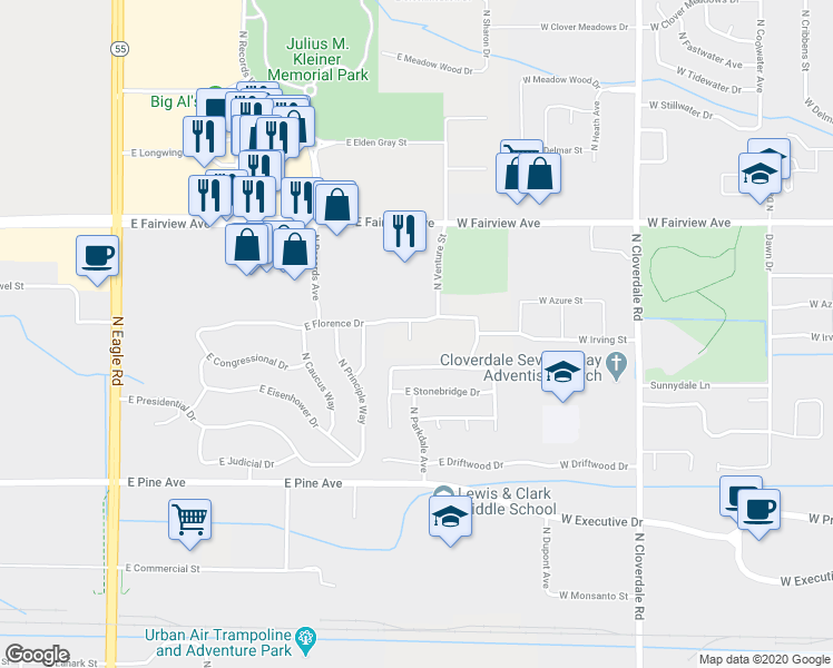 map of restaurants, bars, coffee shops, grocery stores, and more near 4141 East Florence Drive in Meridian