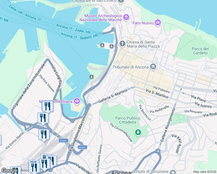 map of restaurants, bars, coffee shops, grocery stores, and more near Vicolo Malacari in Ancona