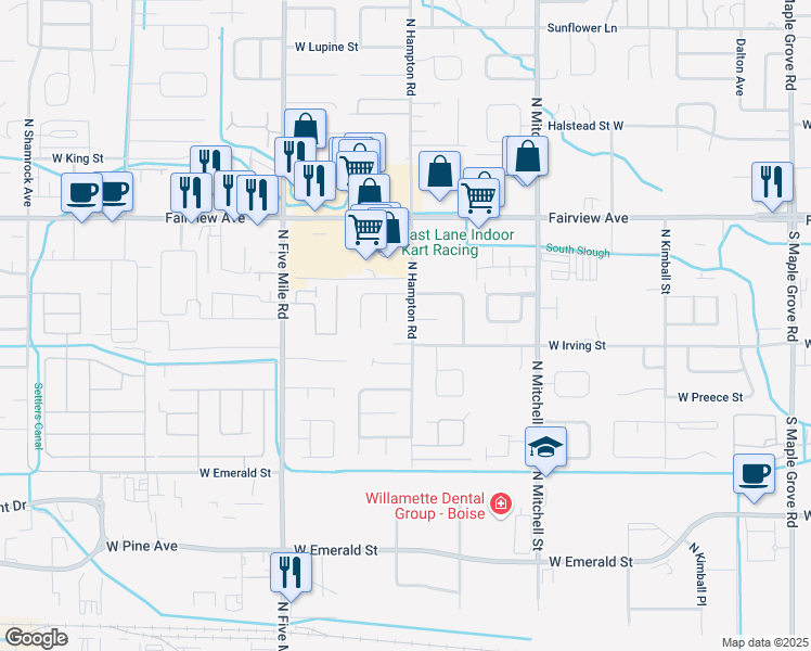 map of restaurants, bars, coffee shops, grocery stores, and more near 1334 North Gawaine Place in Boise