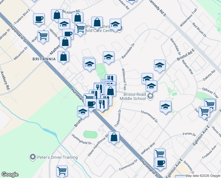 map of restaurants, bars, coffee shops, grocery stores, and more near in Mississauga