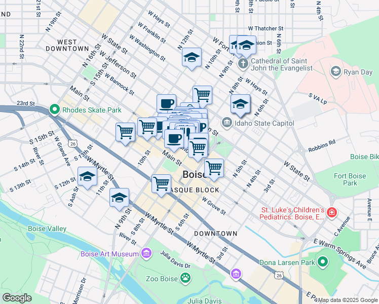 map of restaurants, bars, coffee shops, grocery stores, and more near West Idaho Street & North 8th Street in Boise