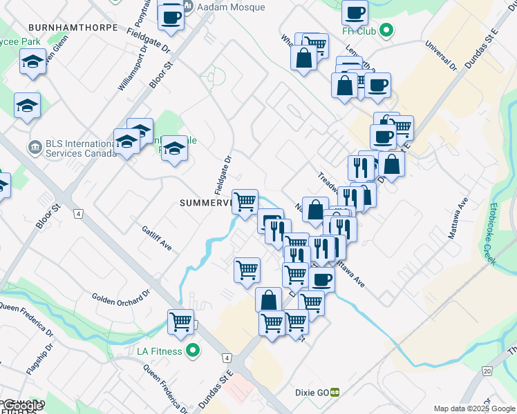 map of restaurants, bars, coffee shops, grocery stores, and more near 3115 Sunnyhill Drive in Mississauga