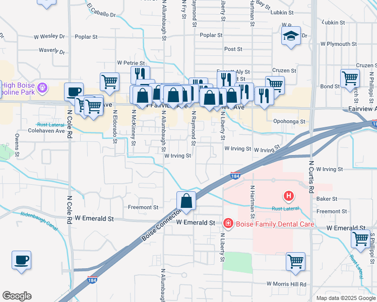 map of restaurants, bars, coffee shops, grocery stores, and more near 1319n West Irving Street in Boise