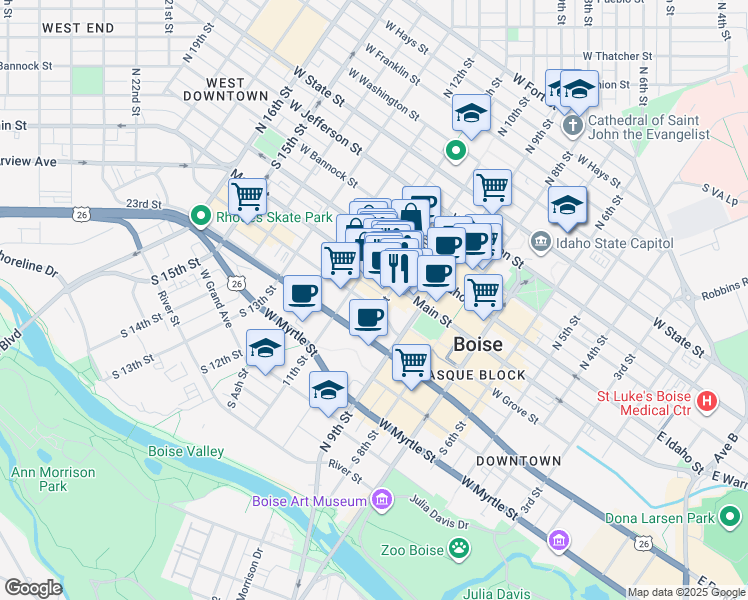 map of restaurants, bars, coffee shops, grocery stores, and more near 119 South 10th Street in Boise